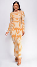 Tova Beige Abstract Print Long Sleeve Maxi Dress back view on model