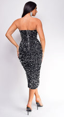 Raine Silver Black Velvet Sequin Midi Dress