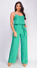 Rya Cami Layered Jumpsuit in Green close-up of fabric and construction