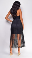 Seilynn Black Halter Fringe Mini Dress side profile view on model