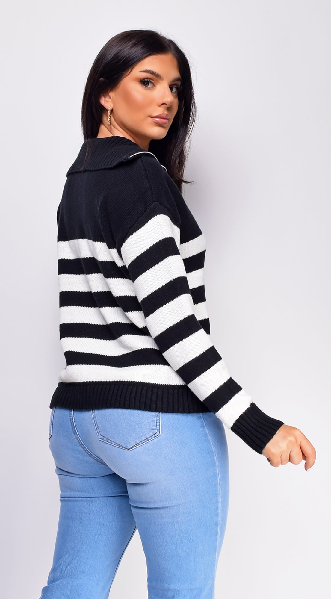 Kamila Black Striped Half Zip Long Sleeve Sweater Top
