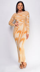 Tova Beige Abstract Print Long Sleeve Maxi Dress full length front view on model