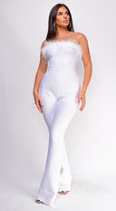 Xoey Feather Detail Bandage Jumpsuit in White side profile view on model