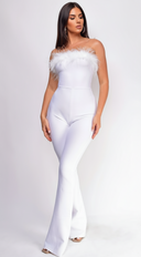 Xoey Feather Detail Bandage Jumpsuit in White full length front view on model