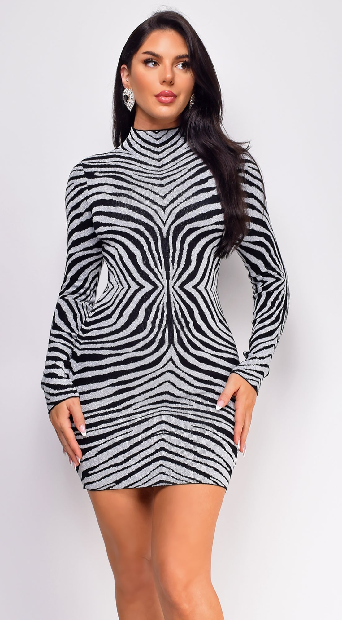 Zula Silver Black Animal Print High Neck Lurex Mini Dress