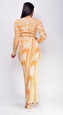 Tova Beige Abstract Print Long Sleeve Maxi Dress side profile view on model