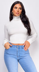 Delaney White Ribbed Turtle Neck Crop Top