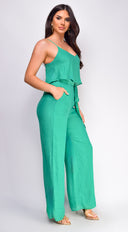 Rya Cami Layered Jumpsuit in Green styled outfit flat lay