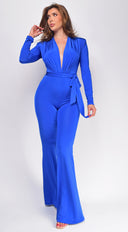 Kajsa Long Belted Jumpsuit in Royal Blue back view on model