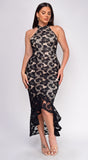 Belen Black Beige Lace Ruffle Hem Maxi Dress