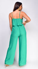 Rya Cami Layered Jumpsuit in Green hemline and silhouette detail