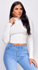 Delaney White Ribbed Turtle Neck Crop Top