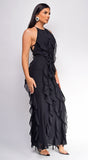 Erma Black Halter Ruffle Maxi Dress