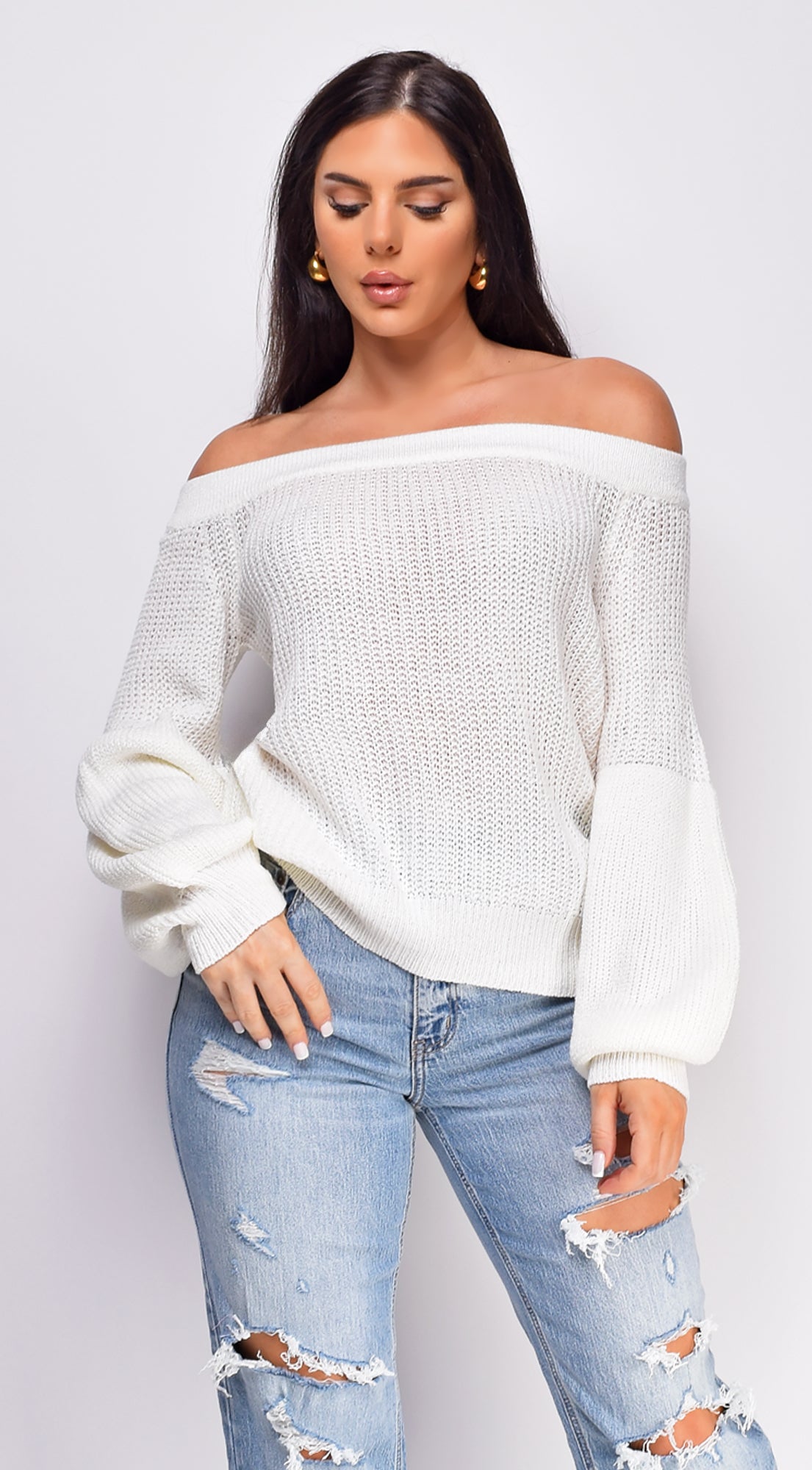 Cynara White Cable Knit Off Shoulder Sweater Top