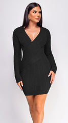 Novia Black Knit Cable V Neck Sweater Mini Dress