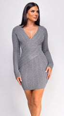 Novia Gray Knit Cable V Neck Sweater Mini Dress