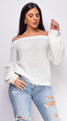 Cynara White Cable Knit Off Shoulder Sweater Top