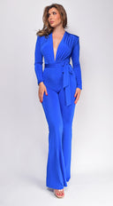 Kajsa Long Belted Jumpsuit in Royal Blue full length front view on model