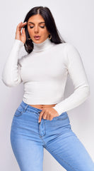 Delaney White Ribbed Turtle Neck Crop Top