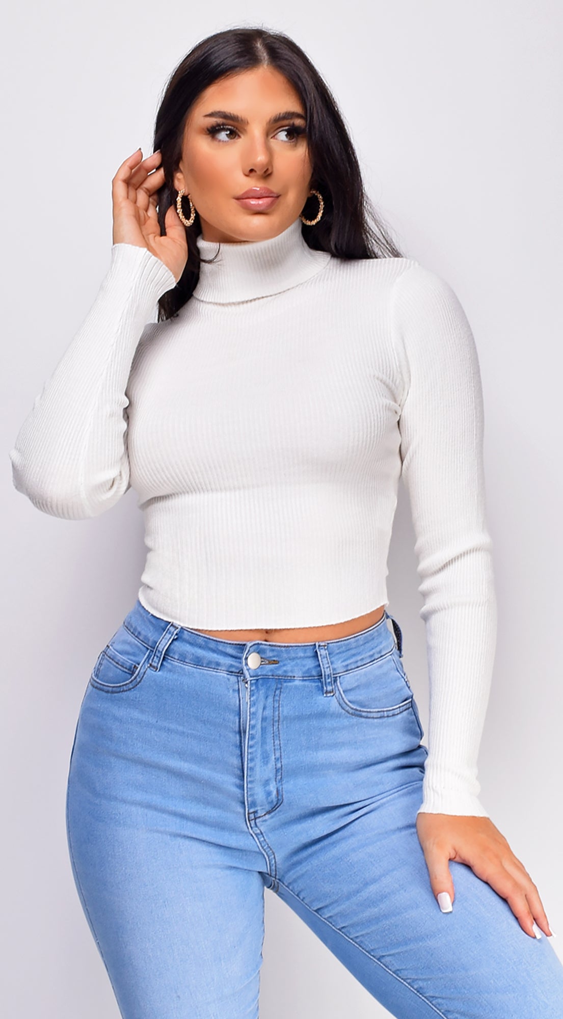 Delaney White Ribbed Turtle Neck Crop Top