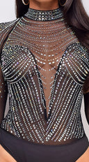 Elodie Black Mesh Rhinestone Bodysuit