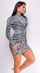 Zula Silver Black Animal Print High Neck Lurex Mini Dress