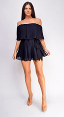 Jazmin Off Shoulder Pleated Romper in Black styled outfit flat lay