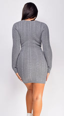 Novia Gray Knit Cable V Neck Sweater Mini Dress close-up of ribbed knit texture