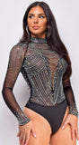 Elodie Black Mesh Rhinestone Bodysuit