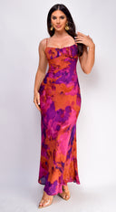 Kaelie Multicolor Chiffon Print Maxi Dress in Purple close-up of neckline and shoulder detail