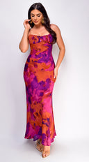 Kaelie Multicolor Chiffon Print Maxi Dress in Purple stitching and texture close-up hemline and silhouette detail