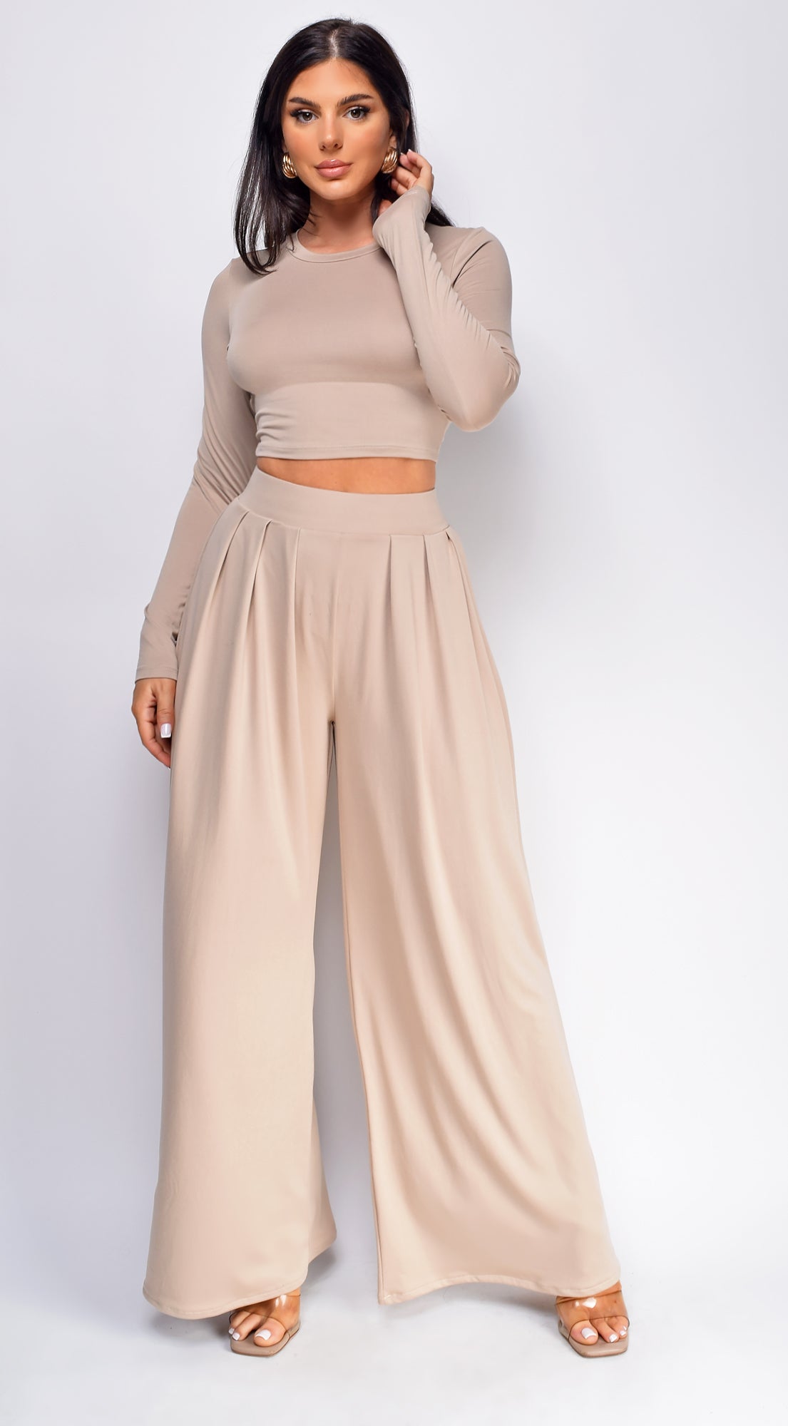 Riona Taupe Beige Wide Leg Pants Set