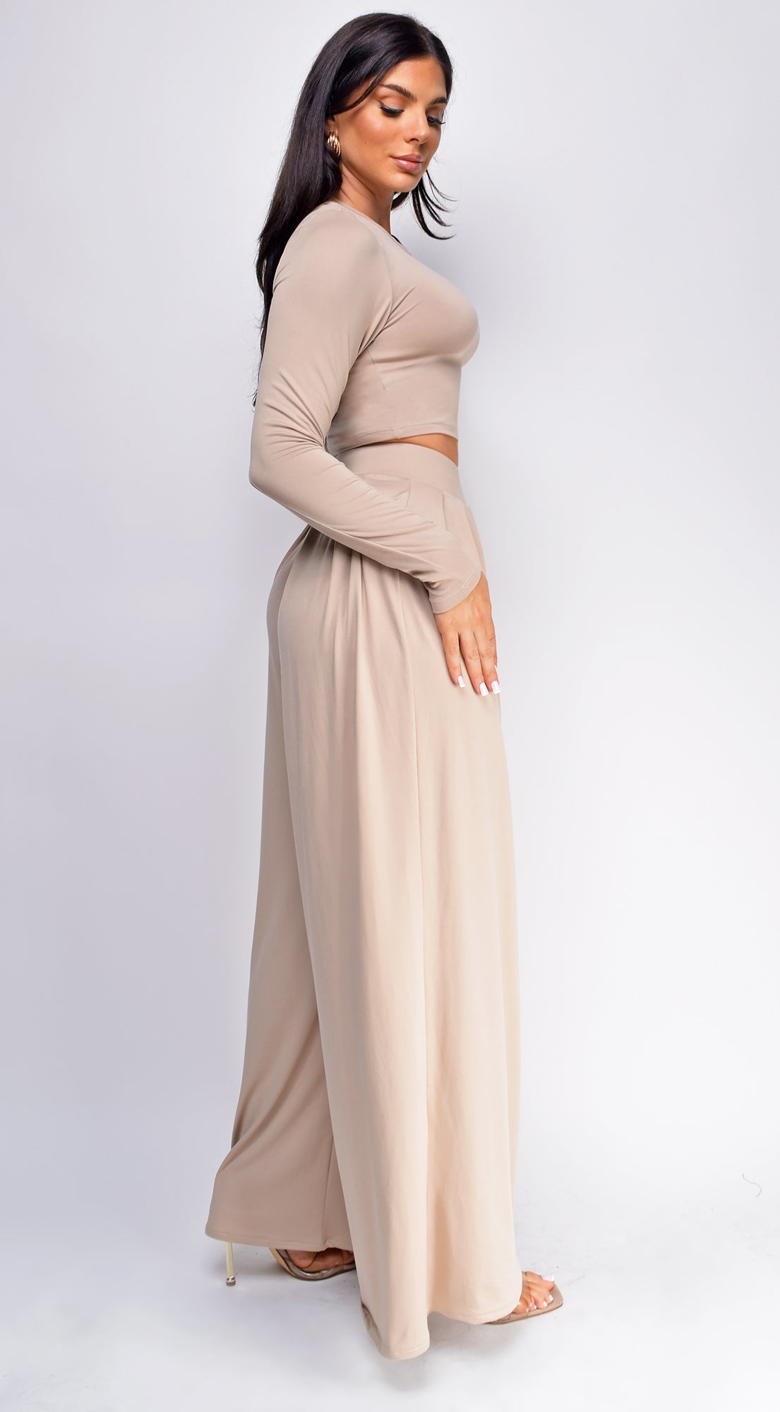 Riona Taupe Beige Wide Leg Pants Set