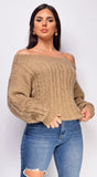 Iliana Mocha Brown Off Shoulder Braid Cable Knit Sweater Top