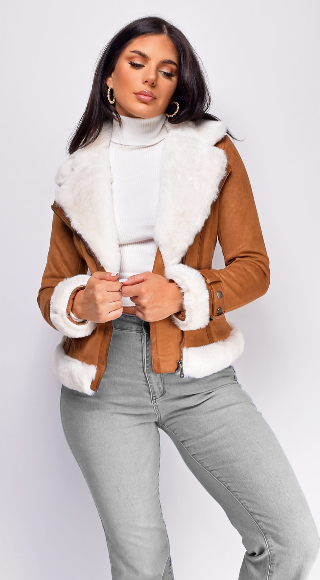 Tan suede jacket with fur hotsell