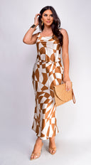 Addison Geo Print Satin Skirt Set - Brown