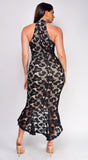 Belen Black Beige Lace Ruffle Hem Maxi Dress
