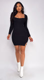 Arsenie Black Long sleeve Sweater Ribbed Side Slit Mini Dress