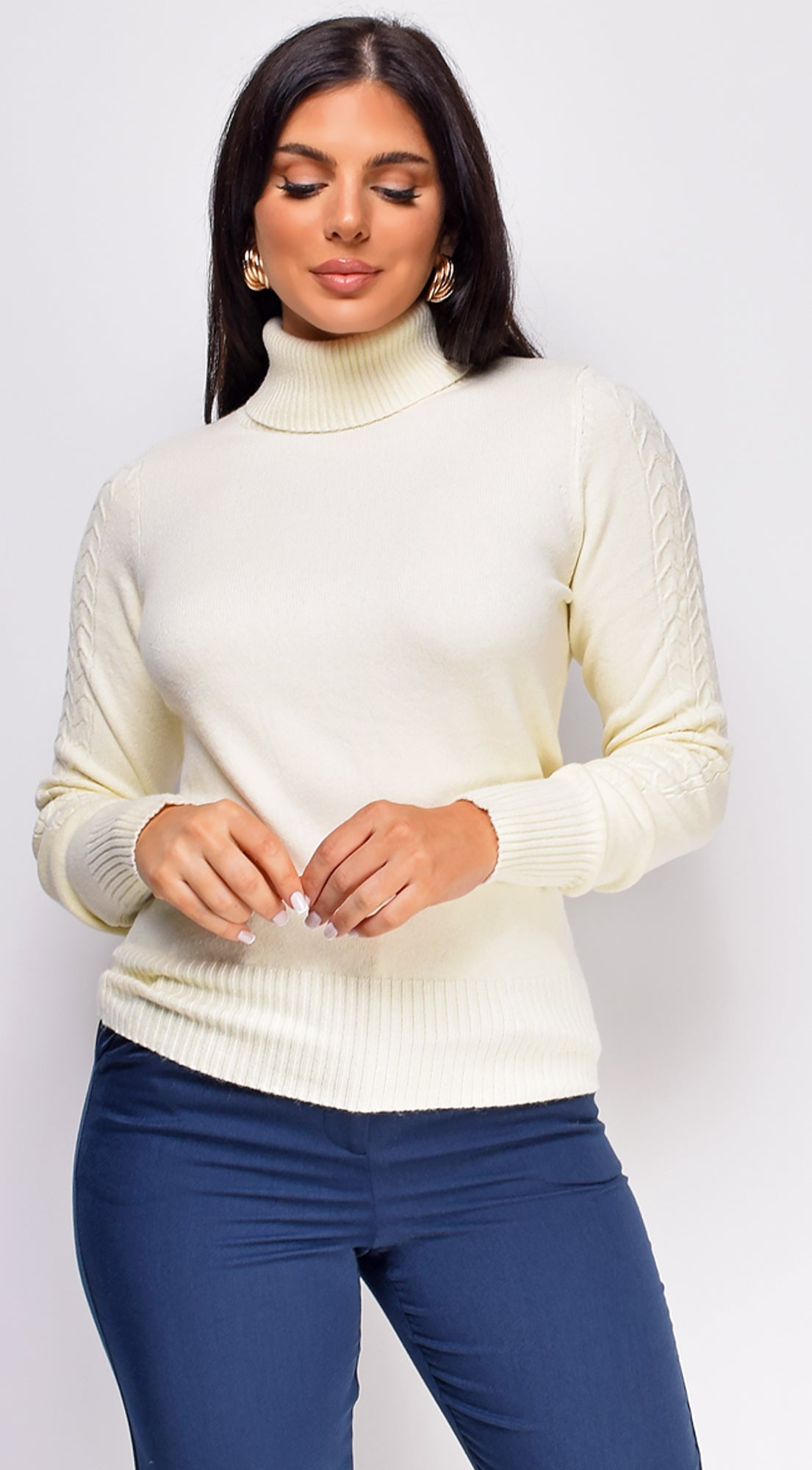 Jemma Ivory White Cable Knit Sleeve Turtleneck Sweater Top