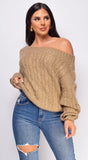 Iliana Mocha Brown Off Shoulder Braid Cable Knit Sweater Top