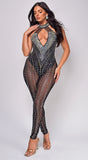 Allana Black Rhinestone Mesh High Neck Jumpsuit