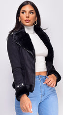 Blaer Black Suede Faux Fur Moto Jacket close-up of suede texture