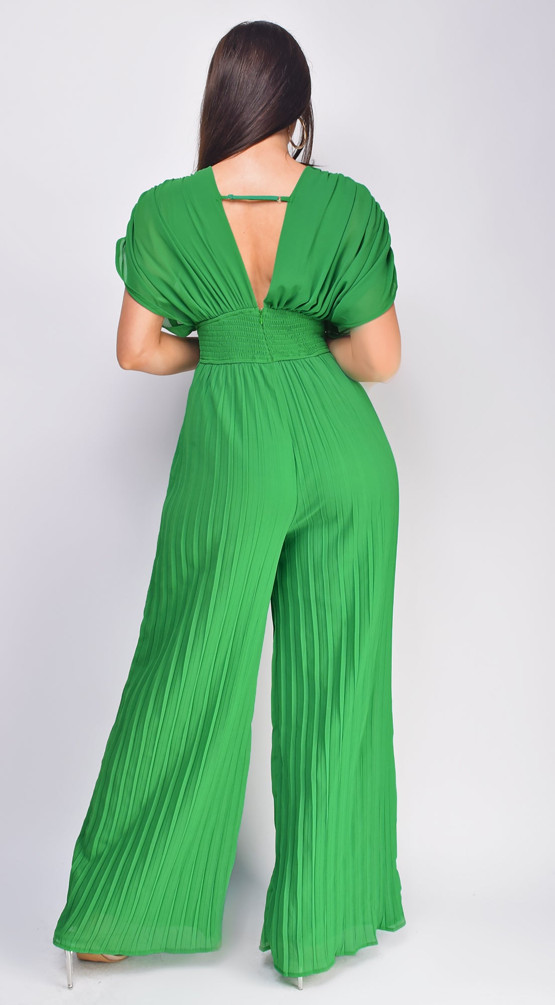 Selene Green V Neck Pleated Jumpsuit