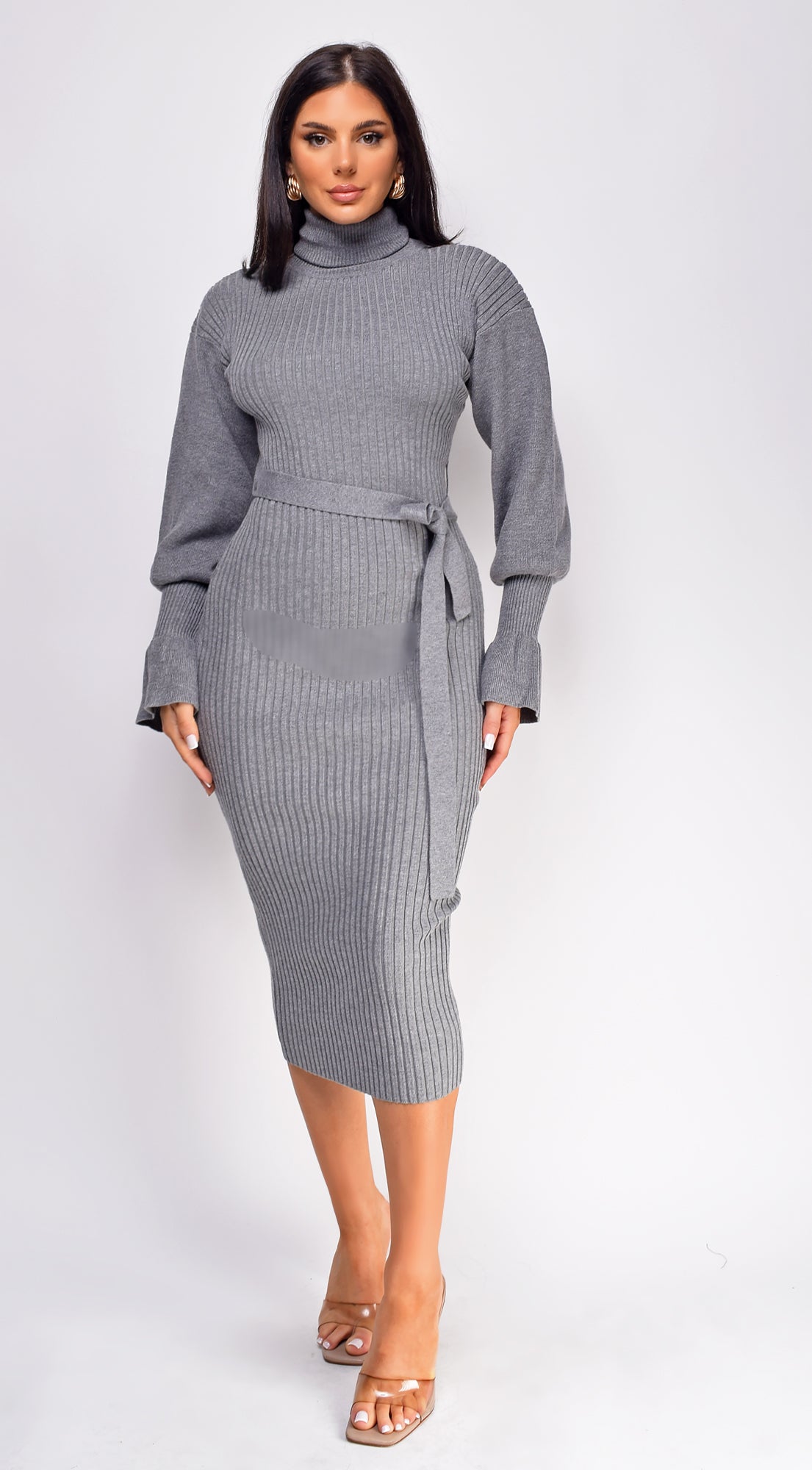 Sabriana High Neck Midi Dress - Gray