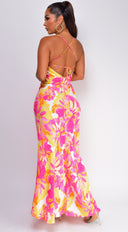 Agave Multi Floral Maxi Dress in Pink side profile view on model