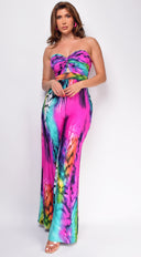 Sayla Pink Multi Color Print Strapless Jumpsuit styled outfit flat lay