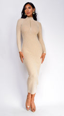 Amara Two Tone Front Zipper Maxi Dress - Cream