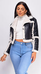 Adia Black Cream Cropped Faux Leather Fur Jacket
