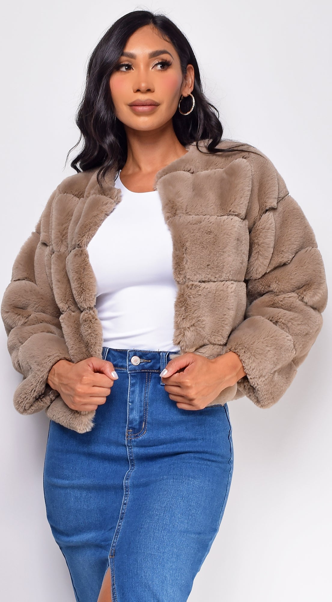 Tamar Taupe Brown White Faux Fur Coat