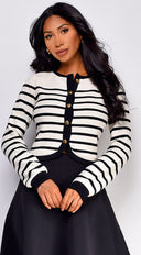 Eliana Stripe Button Down Cardigan in Ivory side profile view on model